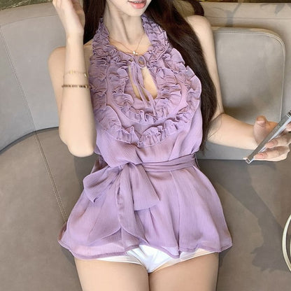 Plain Ruffle Halter Top Keyhole