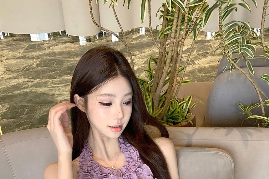 Plain Ruffle Halter Top Keyhole