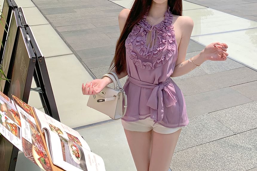 Plain Ruffle Halter Top Keyhole