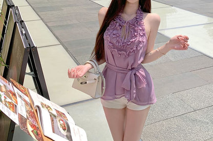 Plain Ruffle Halter Top Keyhole