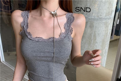 Shorts Low Neck Rise Undershorts Sequin Lace Plain Mid Top Satin Trim / Tank Scoop