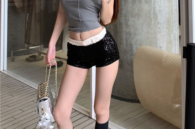 Shorts Low Neck Rise Undershorts Sequin Lace Plain Mid Top Satin Trim / Tank Scoop