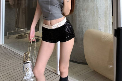 Shorts Low Neck Rise Undershorts Sequin Lace Plain Mid Top Satin Trim / Tank Scoop