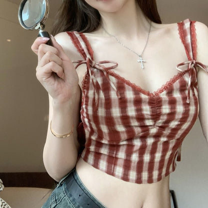 Crop Cami V-Neck Plaid Bow Top