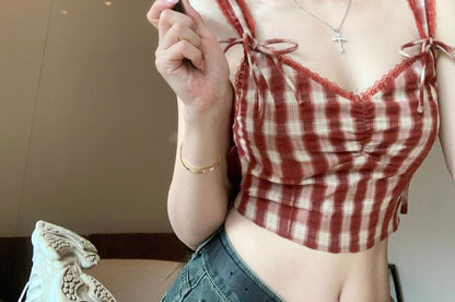 Crop Cami V-Neck Plaid Bow Top
