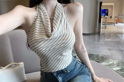 Neck Striped Top Halter Cowl