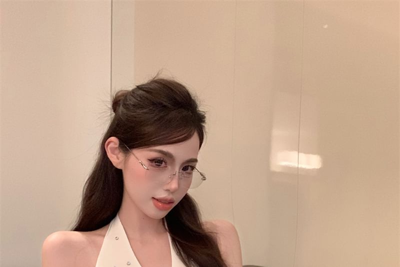 Plain Rhinestone V-Neck Top Halter