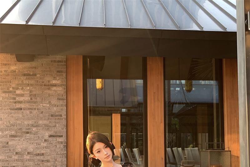 Panel Top / Waist Skirt High Sleeveless Plain Fishtail Lace Maxi V-Neck Crop