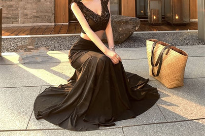 Panel Top / Waist Skirt High Sleeveless Plain Fishtail Lace Maxi V-Neck Crop