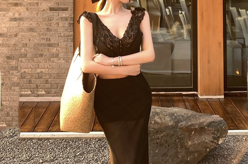 Panel Top / Waist Skirt High Sleeveless Plain Fishtail Lace Maxi V-Neck Crop