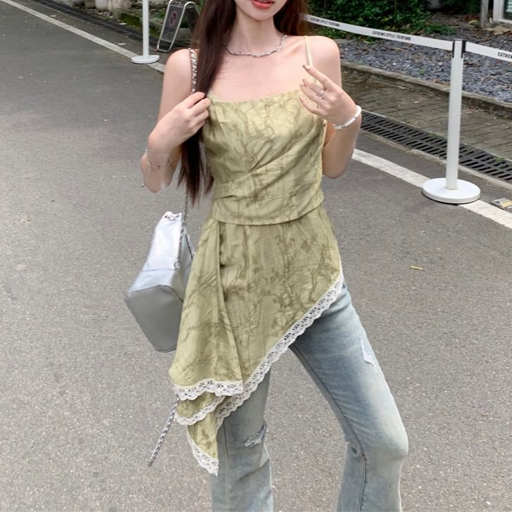 Asymmetrical Print Trim Patterned Top Lace Camisole