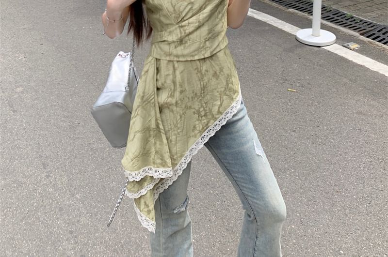 Asymmetrical Print Trim Patterned Top Lace Camisole