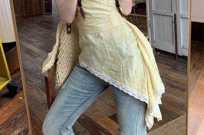 Asymmetrical Print Trim Patterned Top Lace Camisole