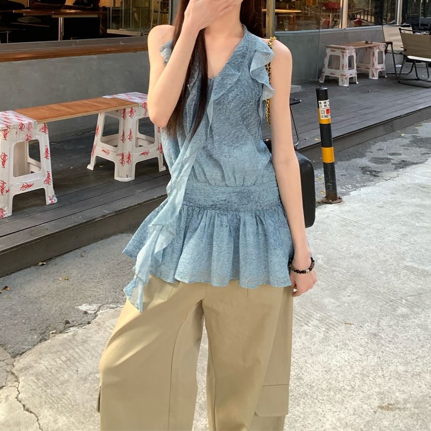 Plain High Leg Halter / Pants Cargo Patterned Ruffle Waist Print Top Wide