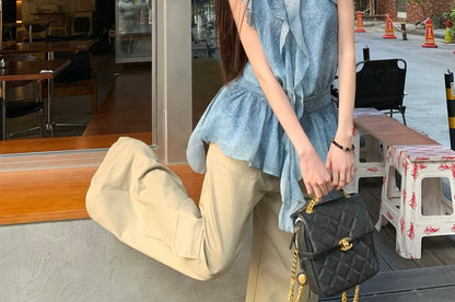 Plain High Leg Halter / Pants Cargo Patterned Ruffle Waist Print Top Wide