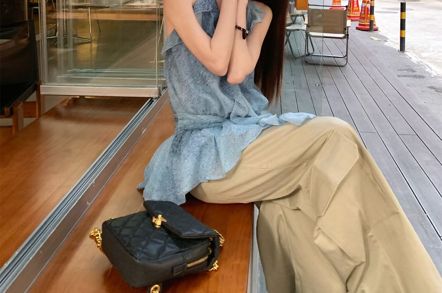 Plain High Leg Halter / Pants Cargo Patterned Ruffle Waist Print Top Wide