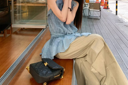 Plain High Leg Halter / Pants Cargo Patterned Ruffle Waist Print Top Wide