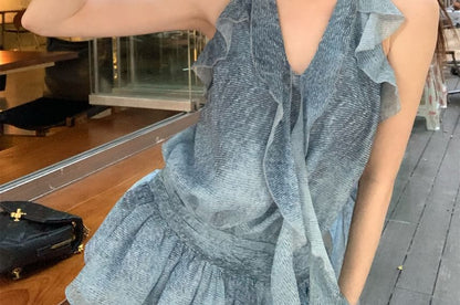 Plain High Leg Halter / Pants Cargo Patterned Ruffle Waist Print Top Wide