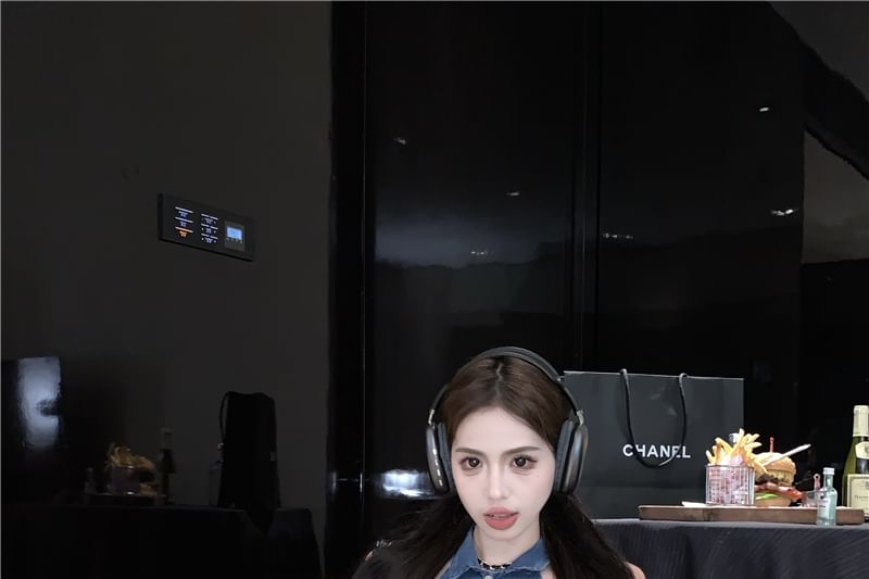 Crop Washed Collared Pencil Button Vest Skirt Mini High Denim Waist /