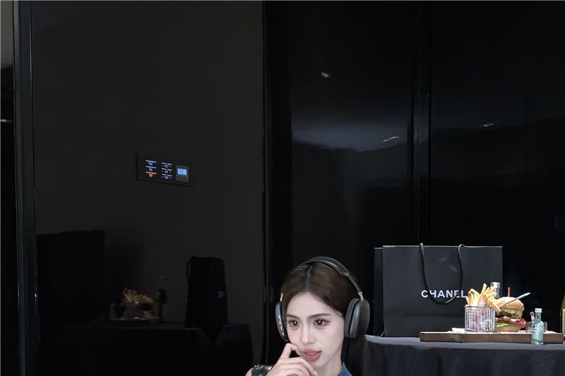 Crop Washed Collared Pencil Button Vest Skirt Mini High Denim Waist /