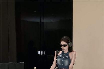 Crop Washed Collared Pencil Button Vest Skirt Mini High Denim Waist /