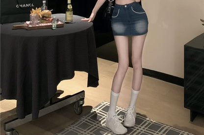 Crop Washed Collared Pencil Button Vest Skirt Mini High Denim Waist /