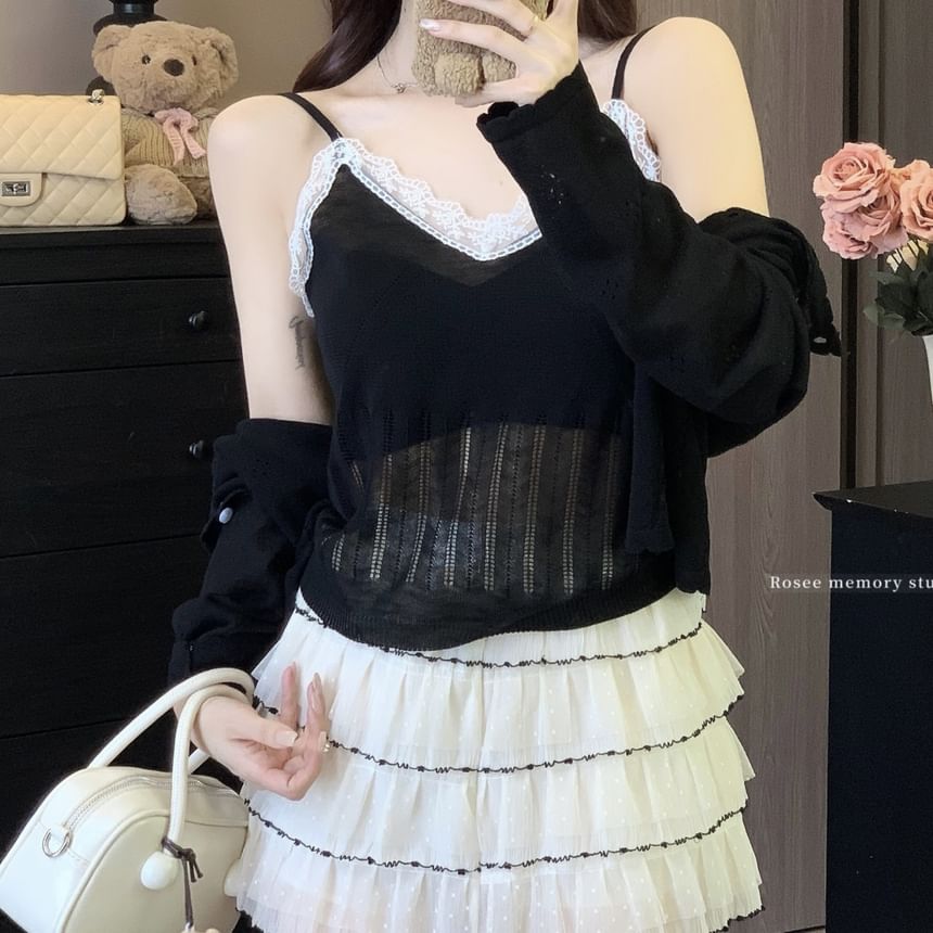 Cardigan Lace Round Trim Neck Set: + V-Neck Knit Camisole Top Plain