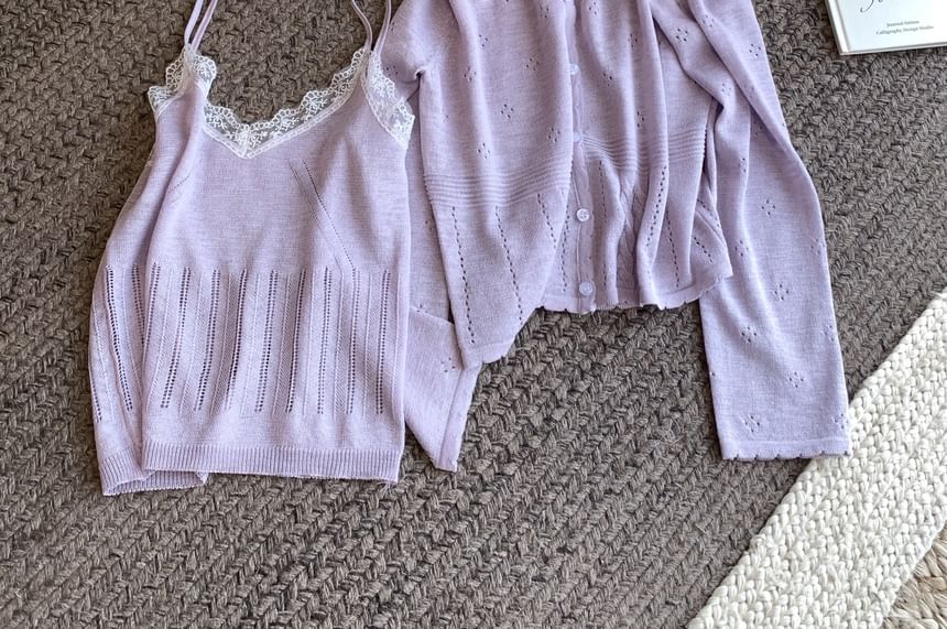 Cardigan Lace Round Trim Neck Set: + V-Neck Knit Camisole Top Plain