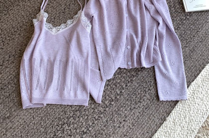 Cardigan Lace Round Trim Neck Set: + V-Neck Knit Camisole Top Plain