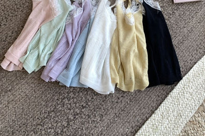 Cardigan Lace Round Trim Neck Set: + V-Neck Knit Camisole Top Plain