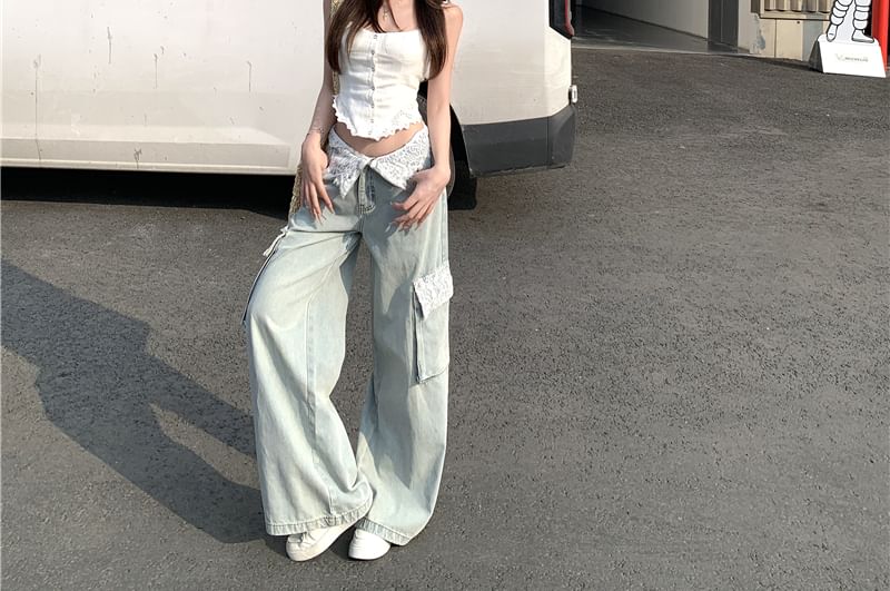 Plain Lace Jeans Button / Mid Washed Wide Top Leg Cami Waist Cargo Panel