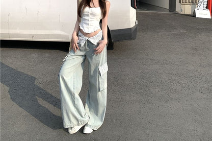 Plain Lace Jeans Button / Mid Washed Wide Top Leg Cami Waist Cargo Panel