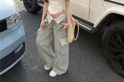 Plain Lace Jeans Button / Mid Washed Wide Top Leg Cami Waist Cargo Panel