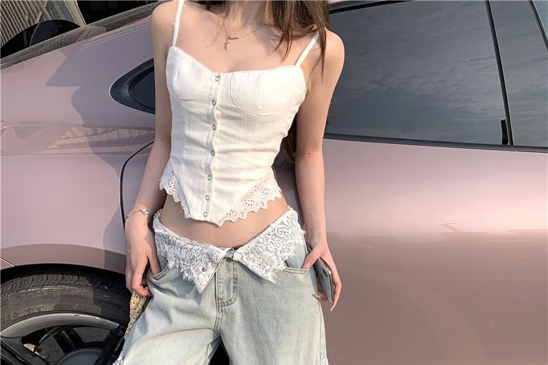 Plain Lace Jeans Button / Mid Washed Wide Top Leg Cami Waist Cargo Panel