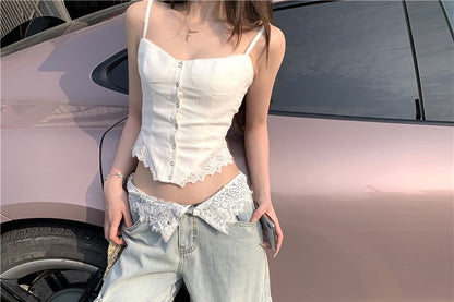 Plain Lace Jeans Button / Mid Washed Wide Top Leg Cami Waist Cargo Panel