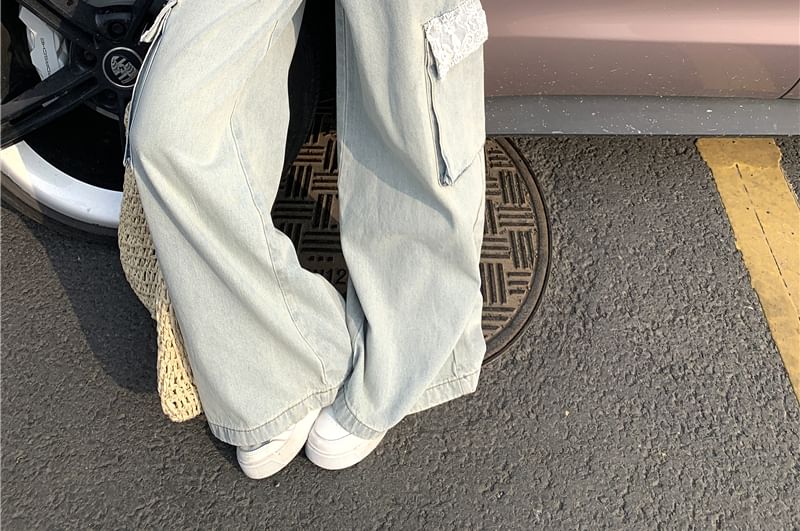 Plain Lace Jeans Button / Mid Washed Wide Top Leg Cami Waist Cargo Panel