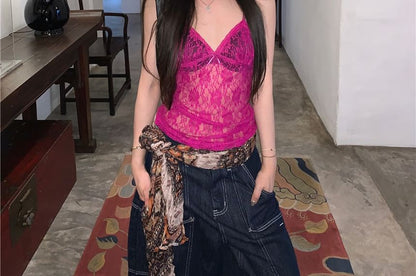 Camisole Plain Bow Top Lace V-Neck