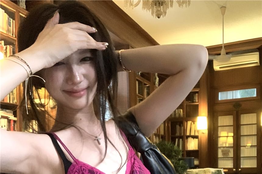 Camisole Plain Bow Top Lace V-Neck