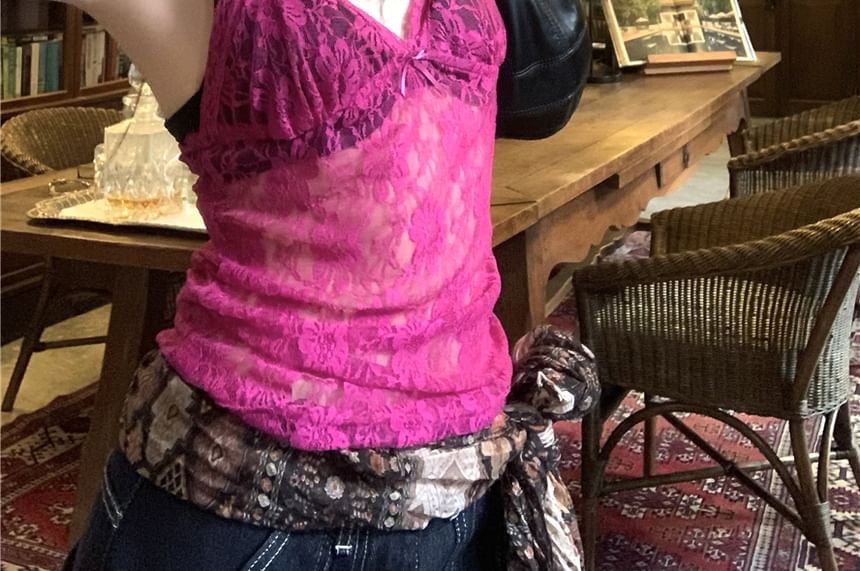 Camisole Plain Bow Top Lace V-Neck