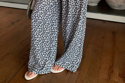 High Floral Notch Neck Plain Top Leg Waist Wide Camisole Pants / Print