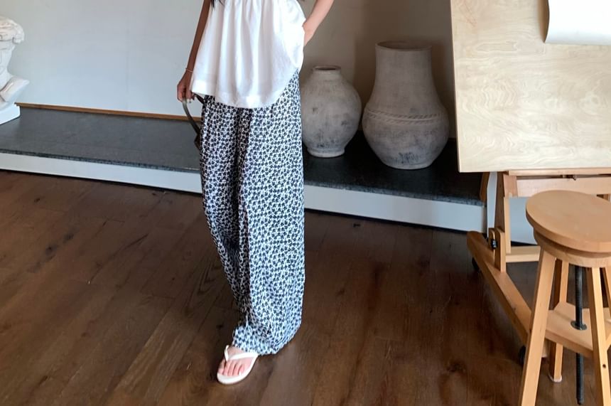High Floral Notch Neck Plain Top Leg Waist Wide Camisole Pants / Print
