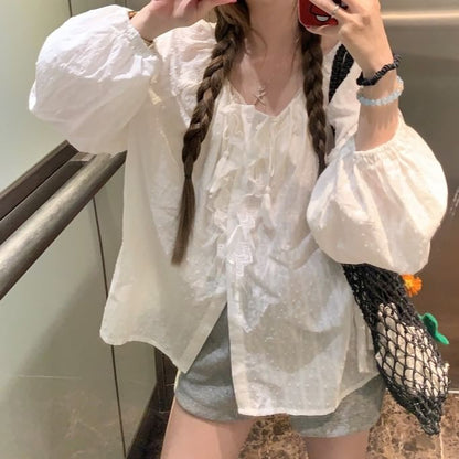 Ruffle Neck Blouse Round Sleeve Plain Long