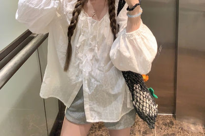 Ruffle Neck Blouse Round Sleeve Plain Long