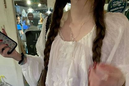 Ruffle Neck Blouse Round Sleeve Plain Long