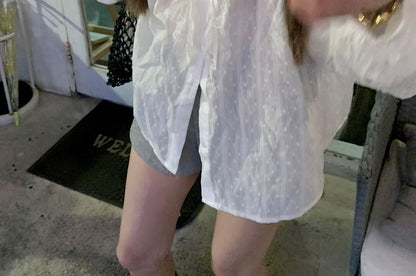 Ruffle Neck Blouse Round Sleeve Plain Long