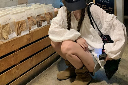 Ruffle Neck Blouse Round Sleeve Plain Long