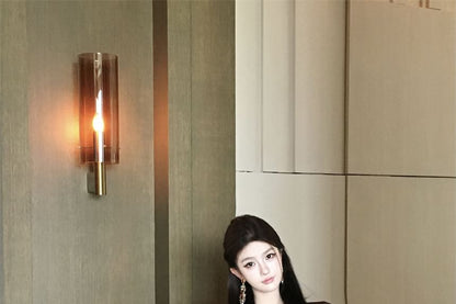 Wrap Long Plain Crop Sleeve V-Neck Blouse