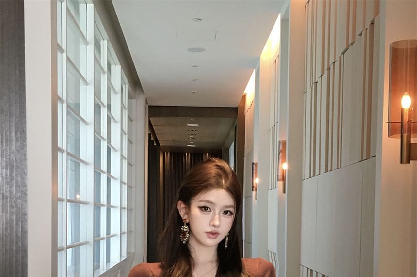 Wrap Long Plain Crop Sleeve V-Neck Blouse