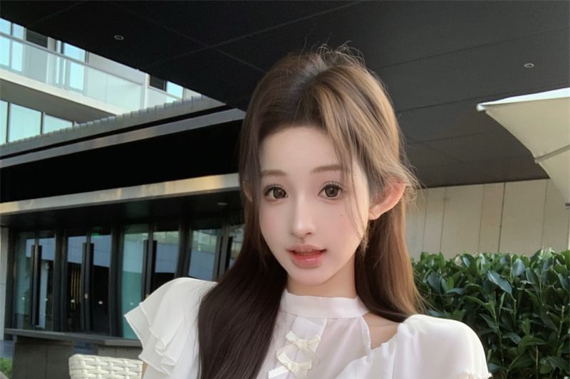 Sleeve / Maxi High Cap Blouse Neck Rise Skirt Plain Ruffle Mock Bow Panel Fishtail