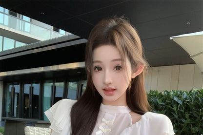 Sleeve / Maxi High Cap Blouse Neck Rise Skirt Plain Ruffle Mock Bow Panel Fishtail